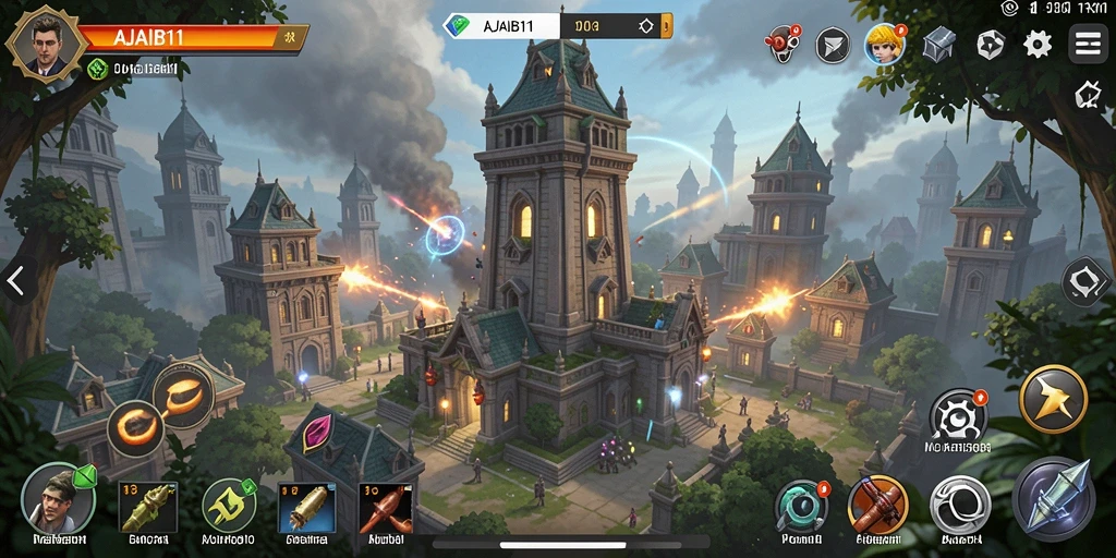 Screenshot menunjukkan aksi menara bertahan melawan gelombang musuh di AJAIB11.