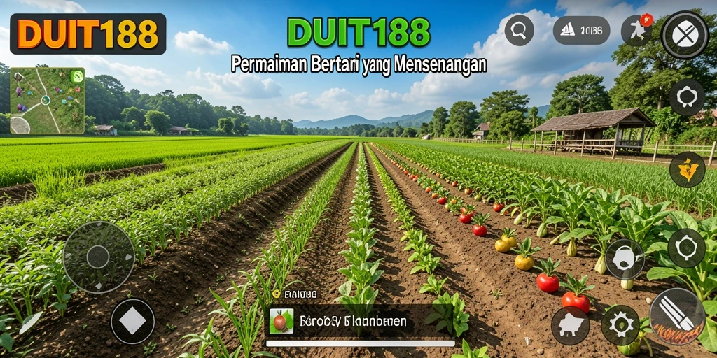 Screenshot gameplay DUIT188 menampilkan ladang yang rimbun dan tanaman beragam.