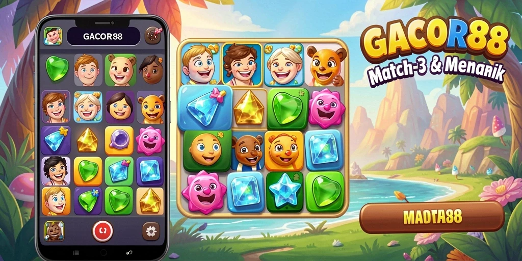 Tampilkan gameplay Match-3 GACOR88 yang seru dan penuh warna.