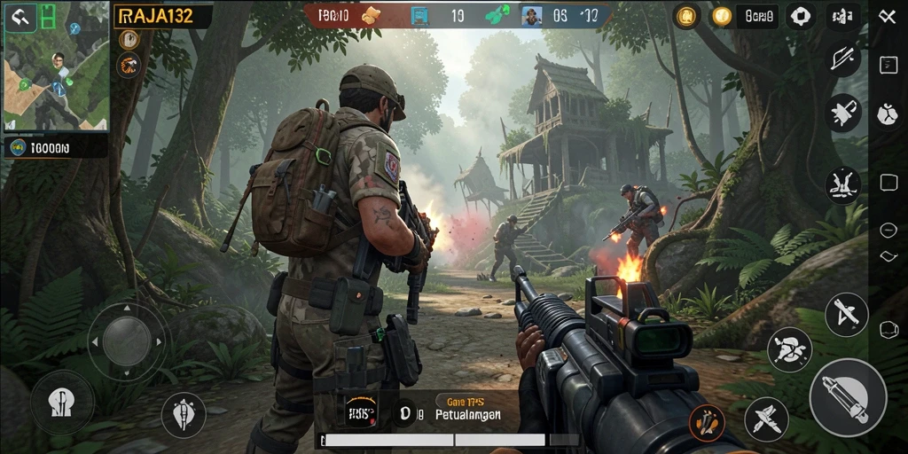 Screenshot gameplay RAJA132 menunjukkan pertempuran seru di arena yang dinamis.