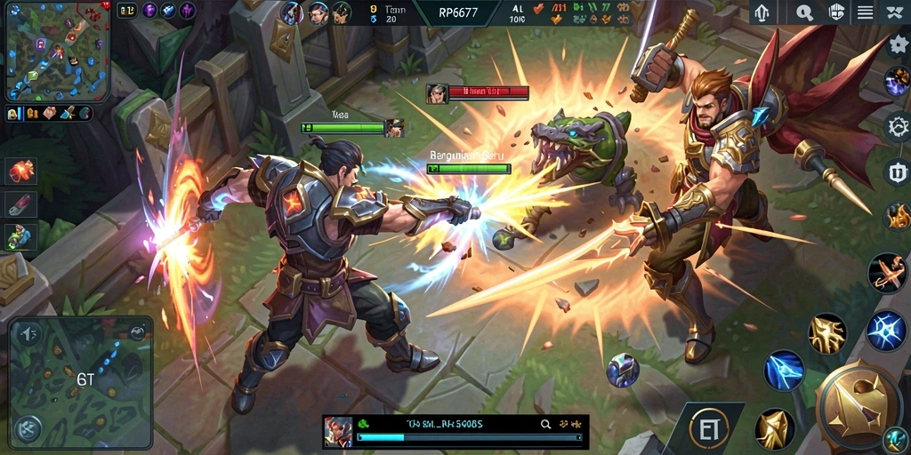 Tampilan seru gameplay <strong>RP6677</strong> dalam pertarungan tim di arena.